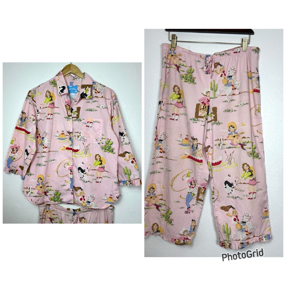 Nick & Nora Pajama Set Medium Retro Cowgirl Western Print Capri Pink Ruffle